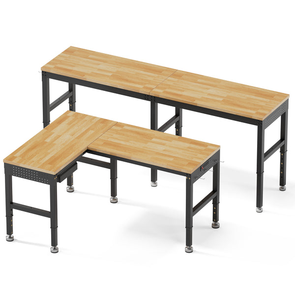 MUWOOD 96-inch L-Shaped Heavy-Duty Workbench with Adjustable Height, Wood Worktop, 5000 LBS Load Capacity for Garage, Workshop