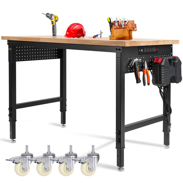 MUWOOD 48" x 24" Adjustable Workbench with Wheels, 2000 LBS Capacity, Power Outlet & Pegboard, Rubberwood Top