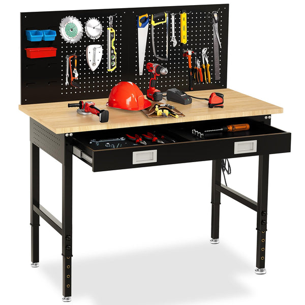 MUWOOD 48" Adjustable Workbench with Drawers, 2000 LBS Capacity, Rubberwood Table with Power Outlet & Pegboard