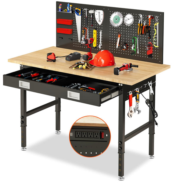 MUWOOD 60" Adjustable Workbench with Drawers, 2000 LBS Capacity, Rubberwood Table with Power Outlet & Pegboard
