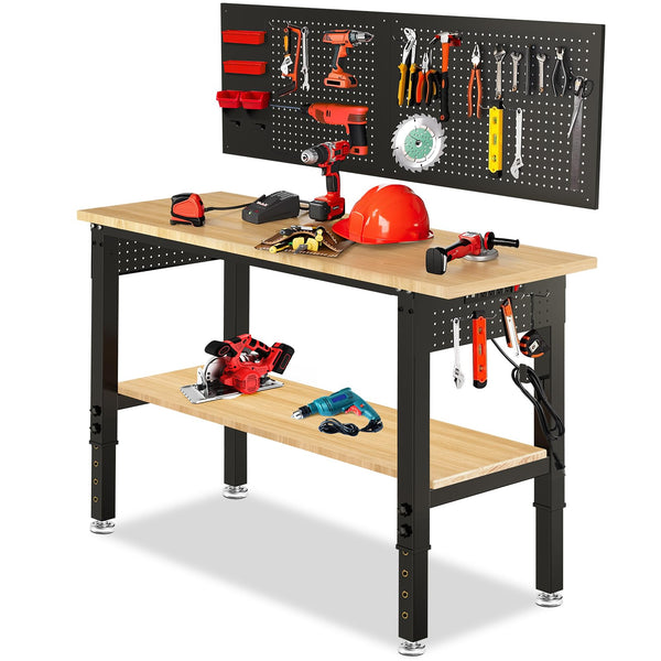 MUWOOD 48" x 24" Adjustable Workbench, Heavy-Duty Rubberwood with Under-Shelf Storage for Garage, Workshop, Office, and Home